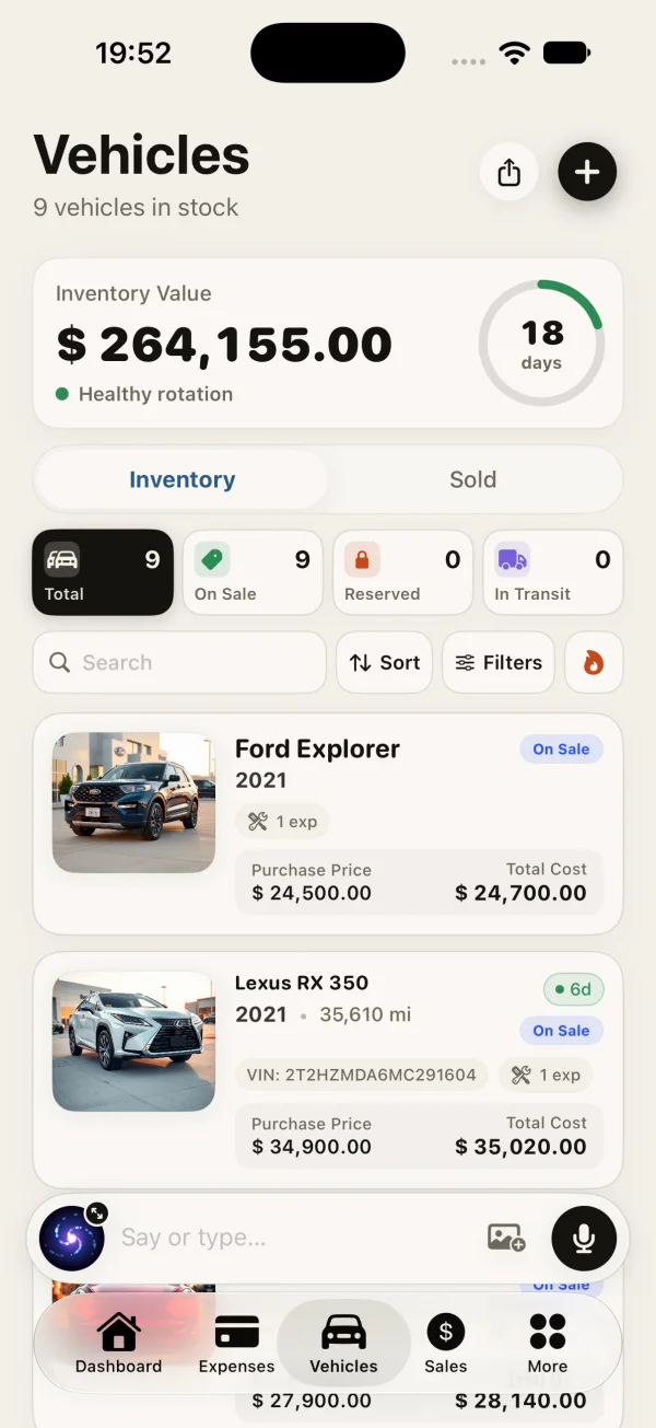 Vehicles & Live Stock — Car Dealer Tracker