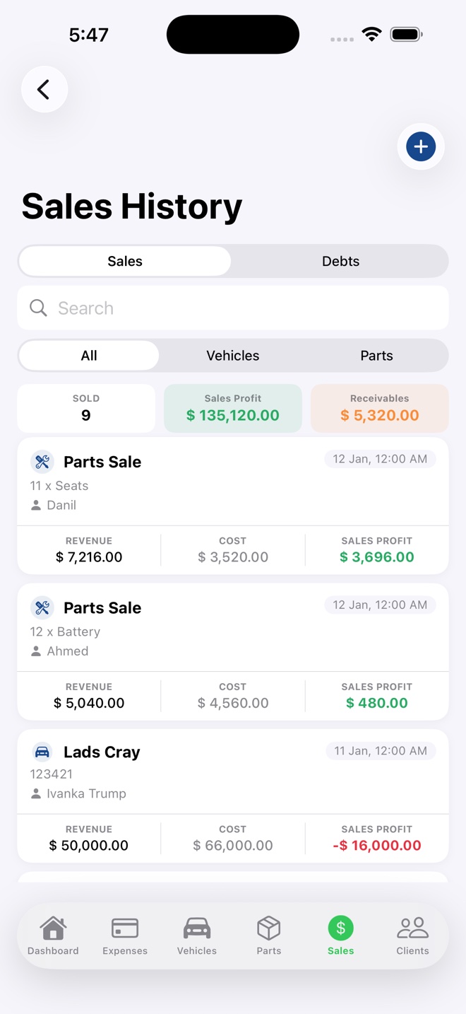 Vehicle sales screen